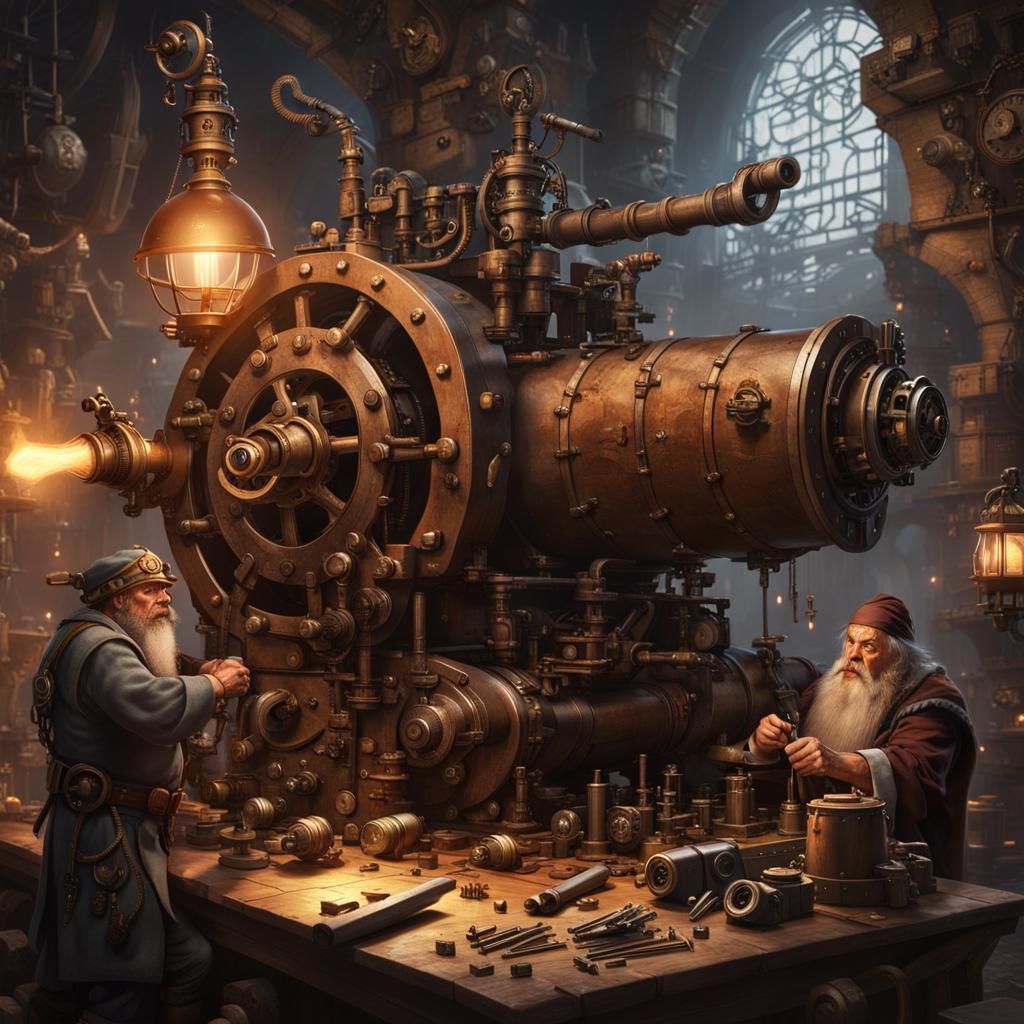 Industrial Fantasy Dwarf Repairs Steampunk Cannon