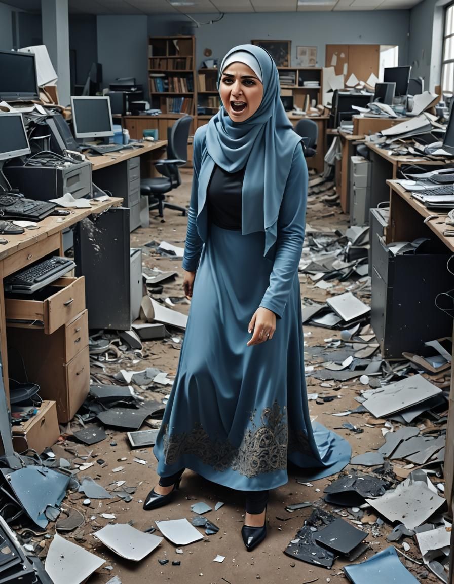 Angry Muslim Woman in Hijab Smashes Office Computer