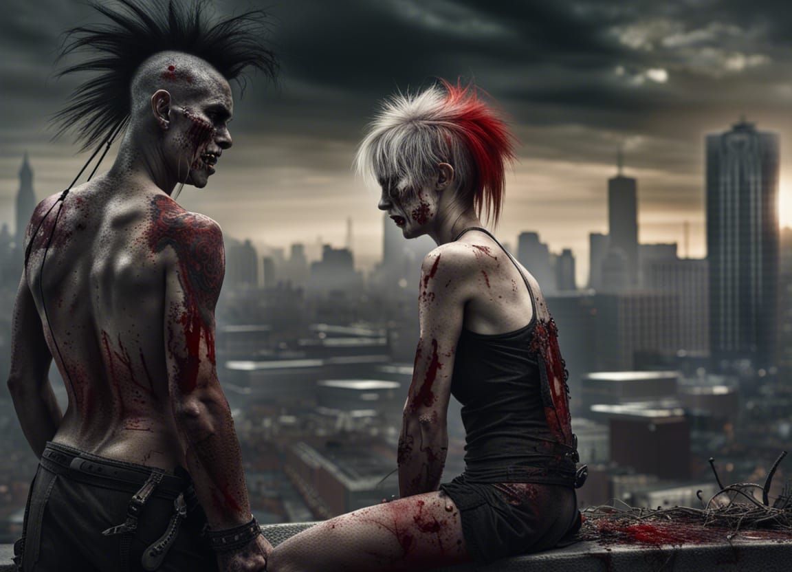 bloody punk king, with zombie women, bowing, and decaying ci...