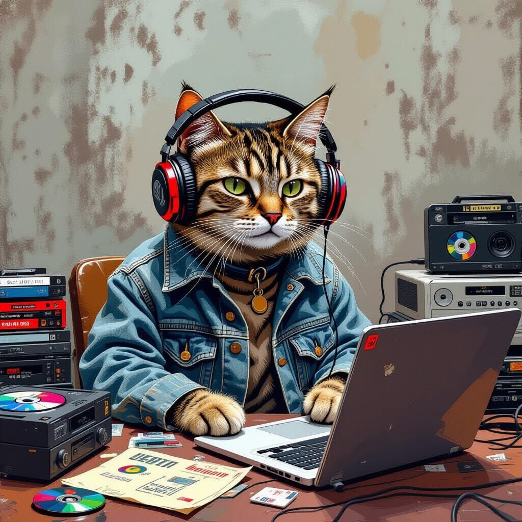 Cat in Denim Jacket Listening to Music