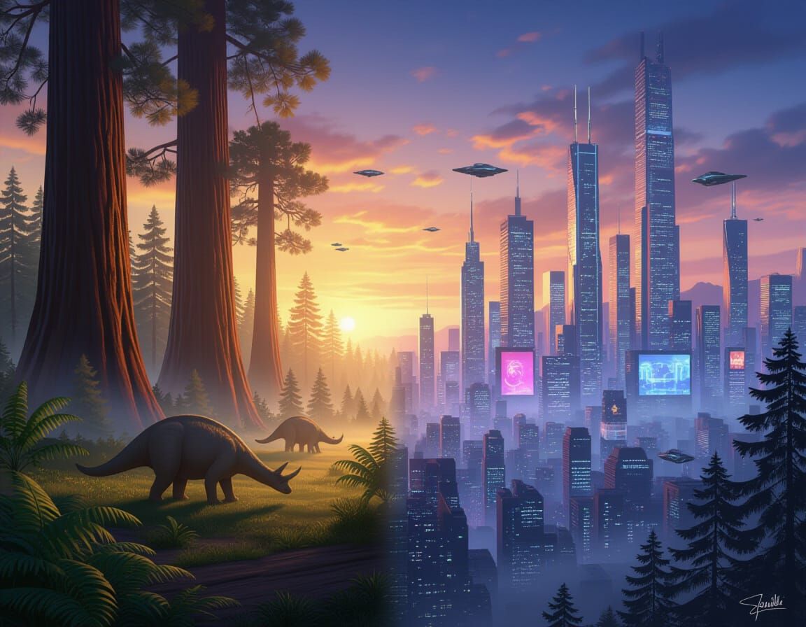 Prehistoric Dawn to Cyberpunk Cityscape Transition