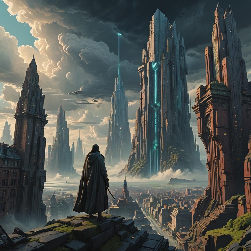 Epic Metropolis: Cinematic Figure in a Digital Painting