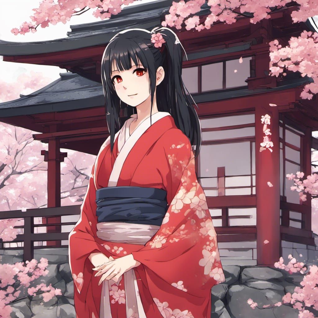 Anime Style Japanese Woman in Kimono Near Temple