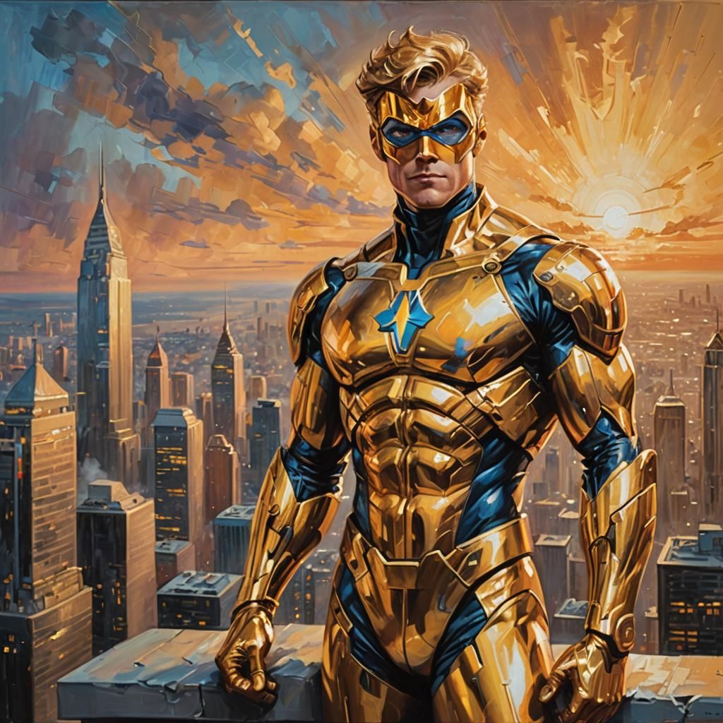 Booster Gold in Eloquent Heroic Pose, Oil on Canvas