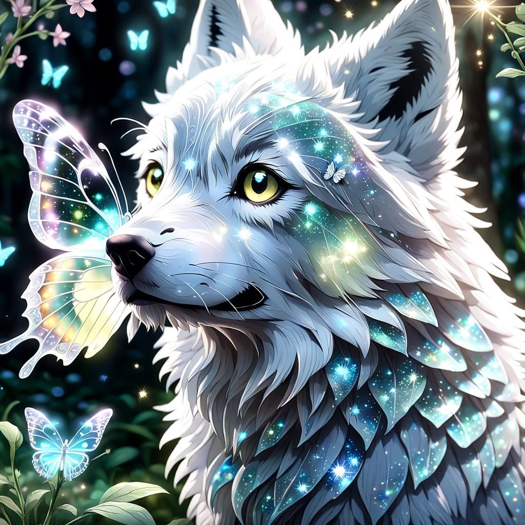 Crystal Butterfly on Wolf's Nose: 3D Anime Art