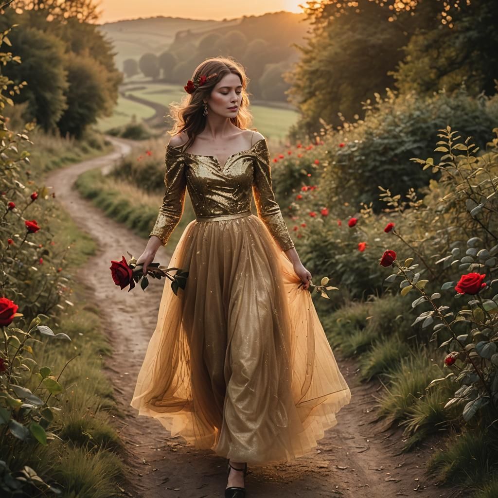 Golden Lady with Rose at Sunset