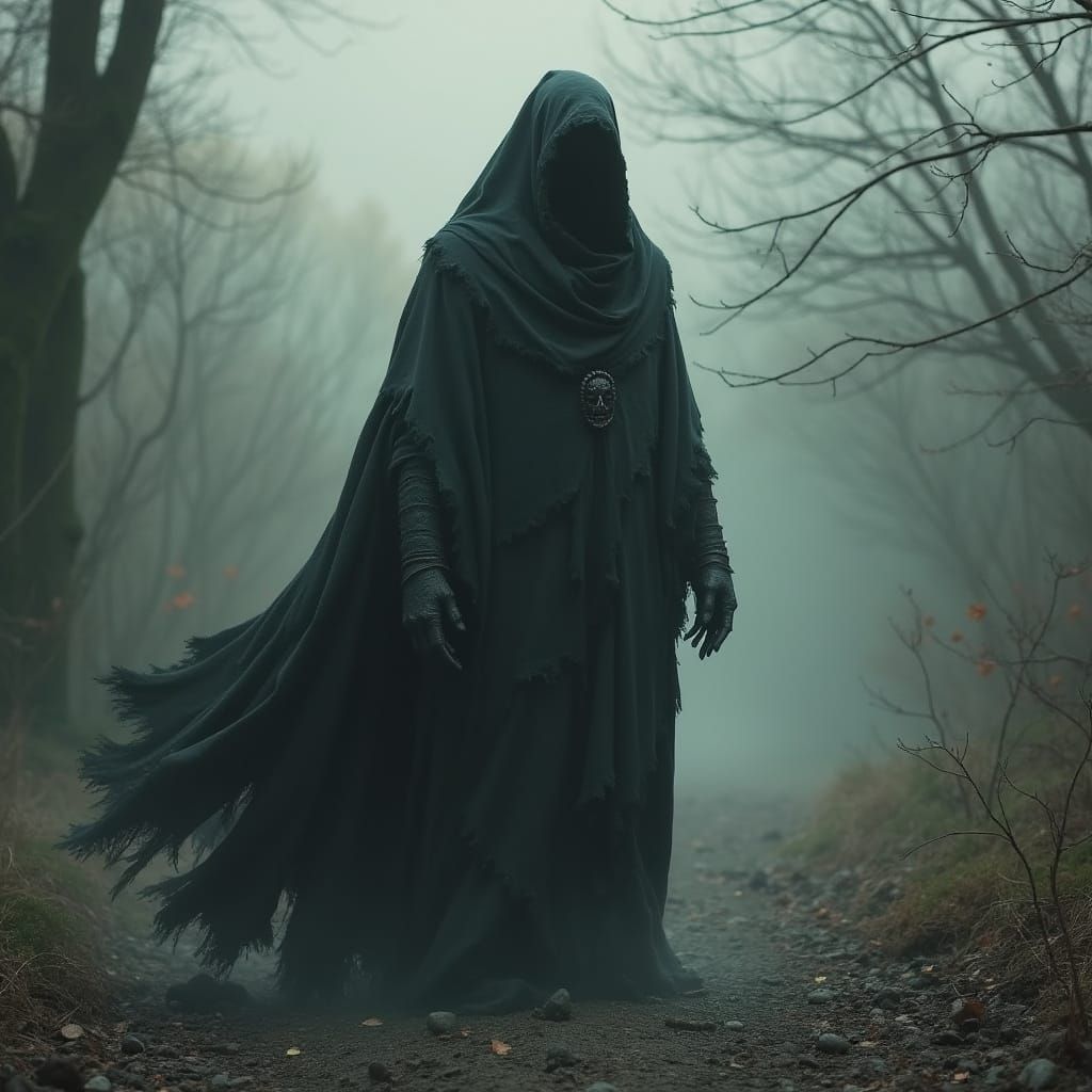 Dark Figure in Desolate Medieval Landscape