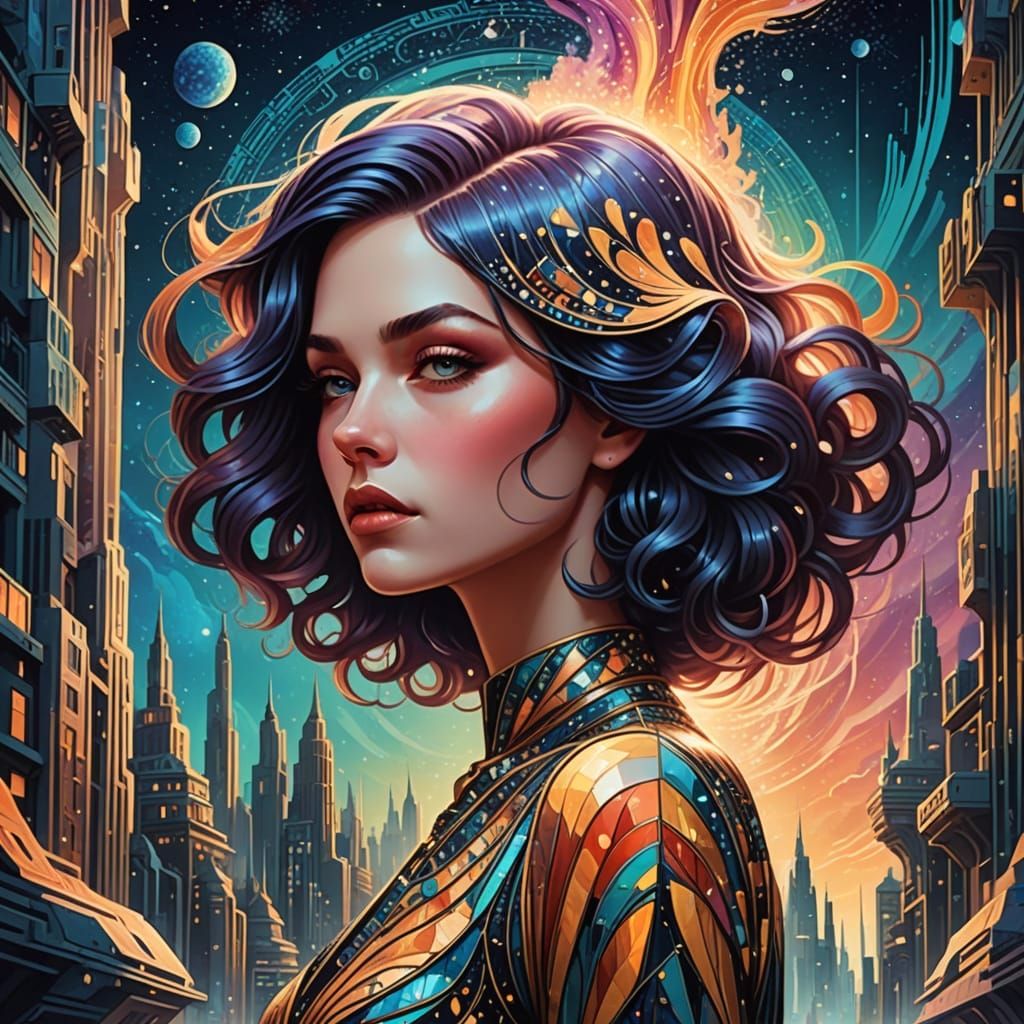 Woman with Stardust Hair in Fractal City: Digital Art