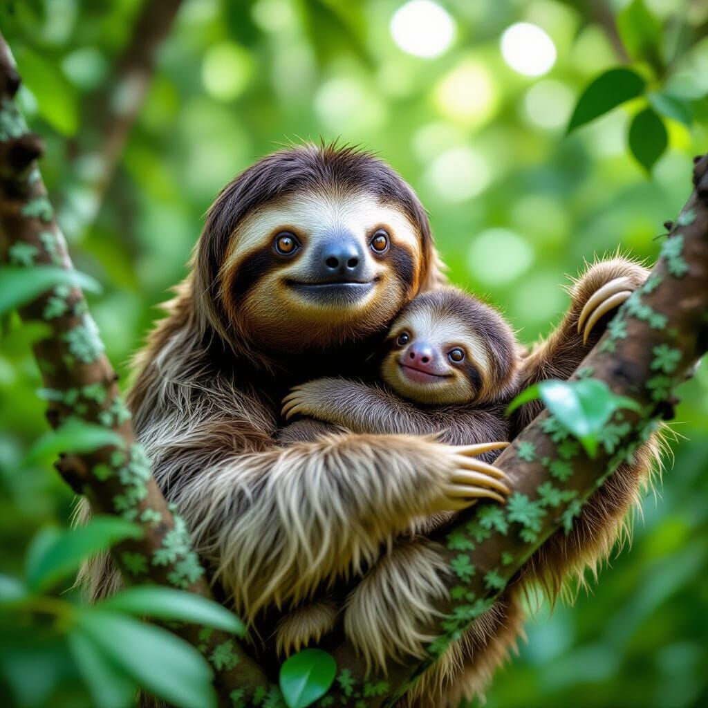 Three-Toed Sloth With Baby In Lush Jungle