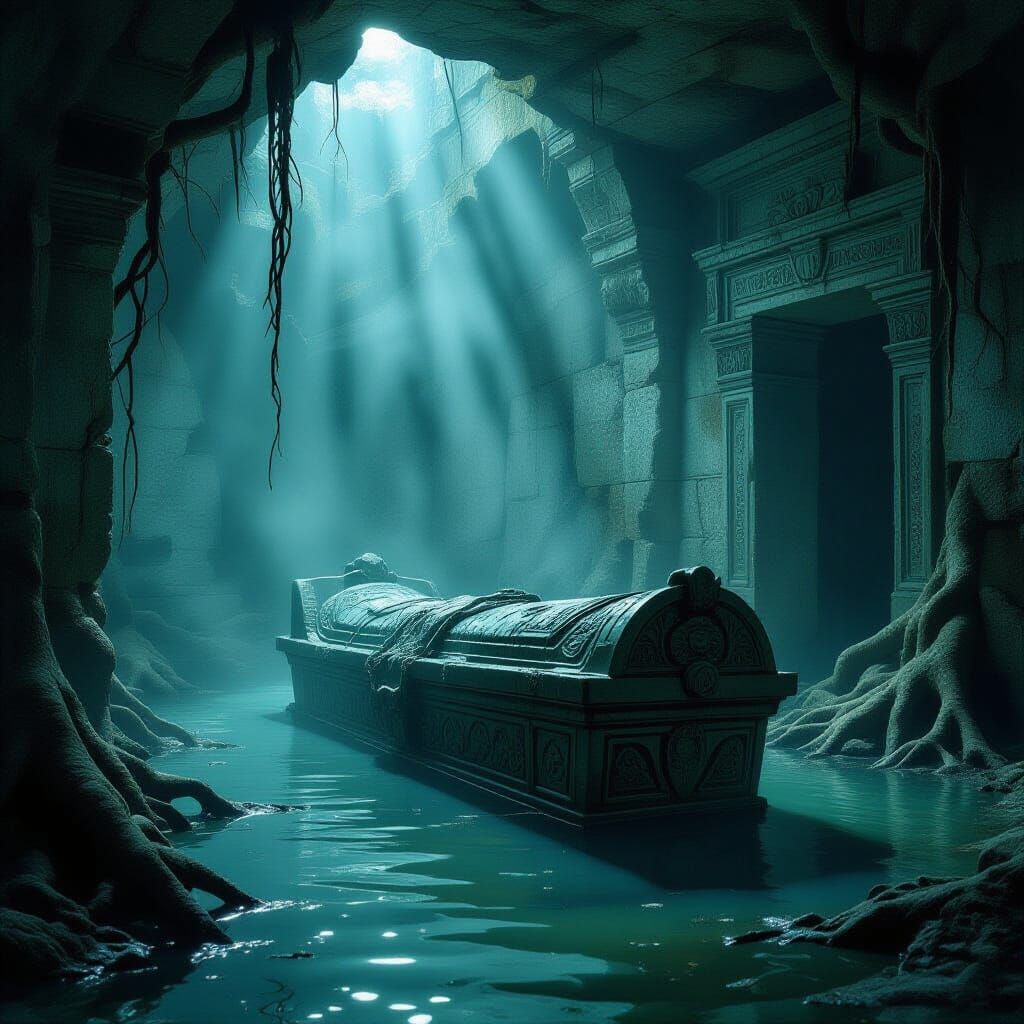 Forgotten Tomb in Misty Swamp with Carved Sarcophagus