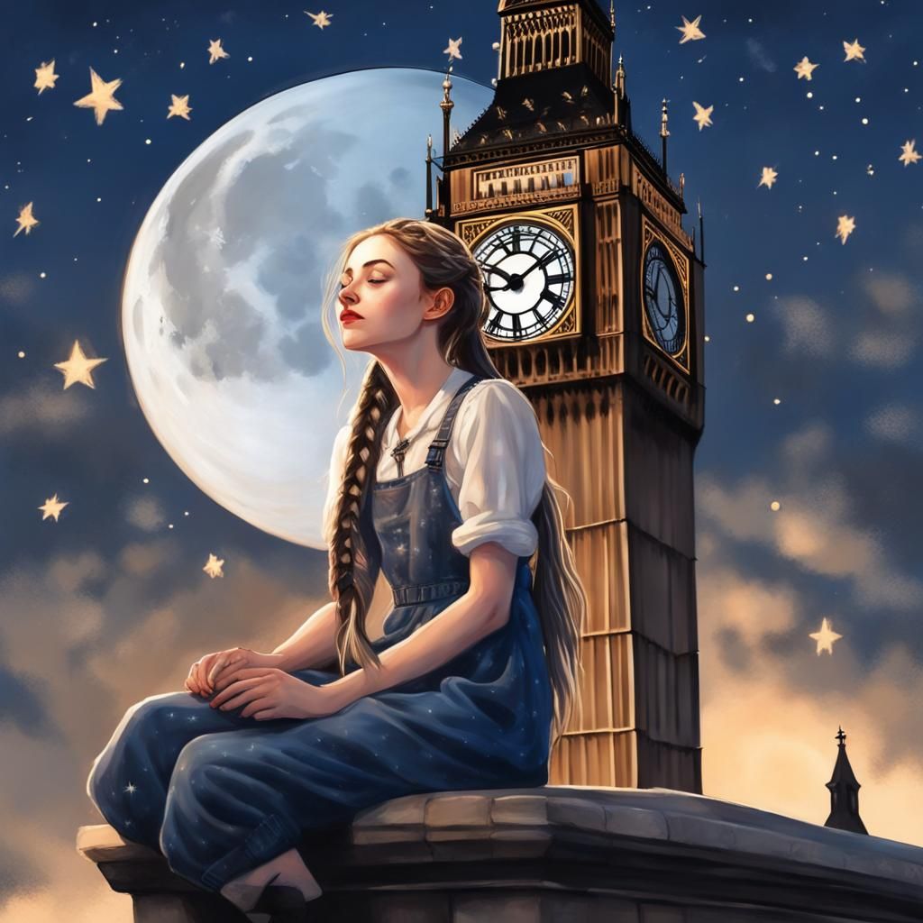 Girl on Big Ben Clock in Dark Academia Style