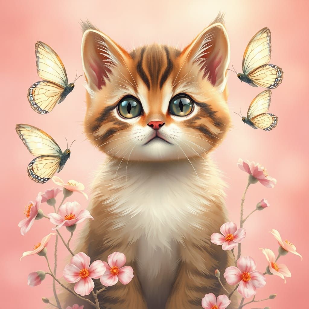 Pastel Cat Surrounded by Butterflies and Flowers