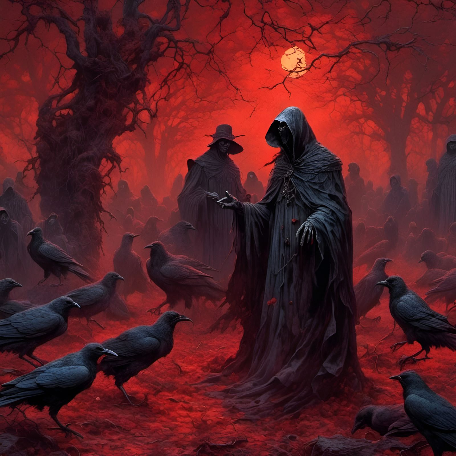Ravens Feast on Zombie in Graveyard, Doré Illustration