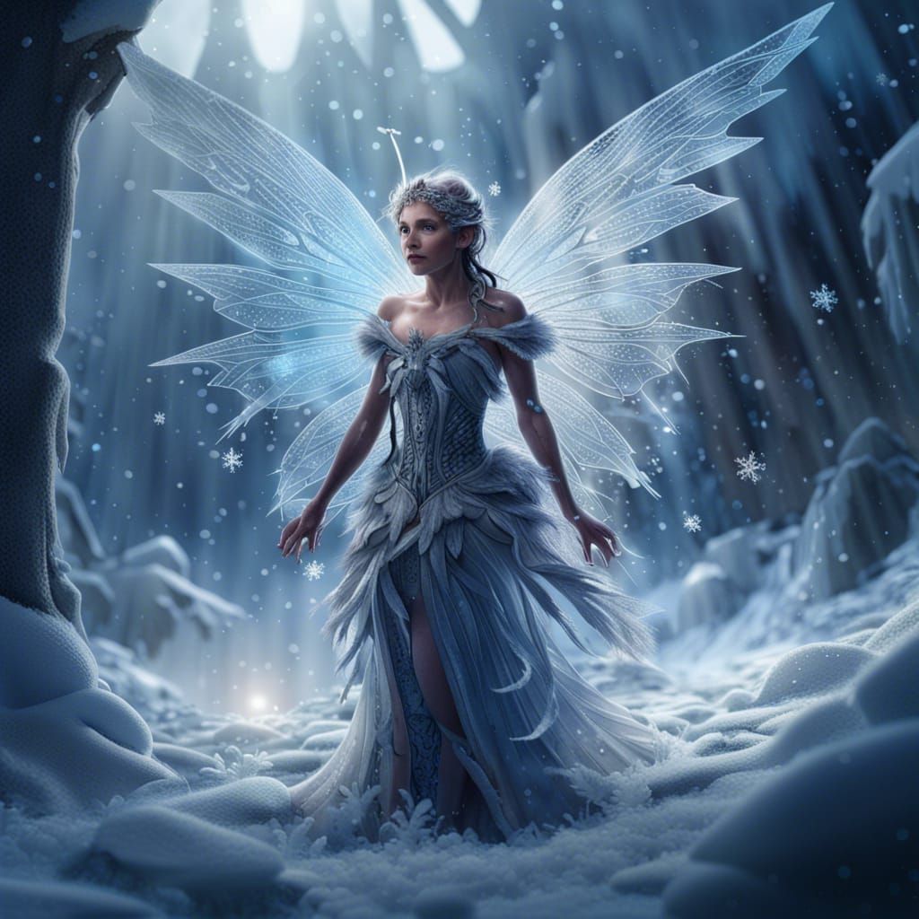 Winter Fairy with Ice Wings in Snowy Landscape