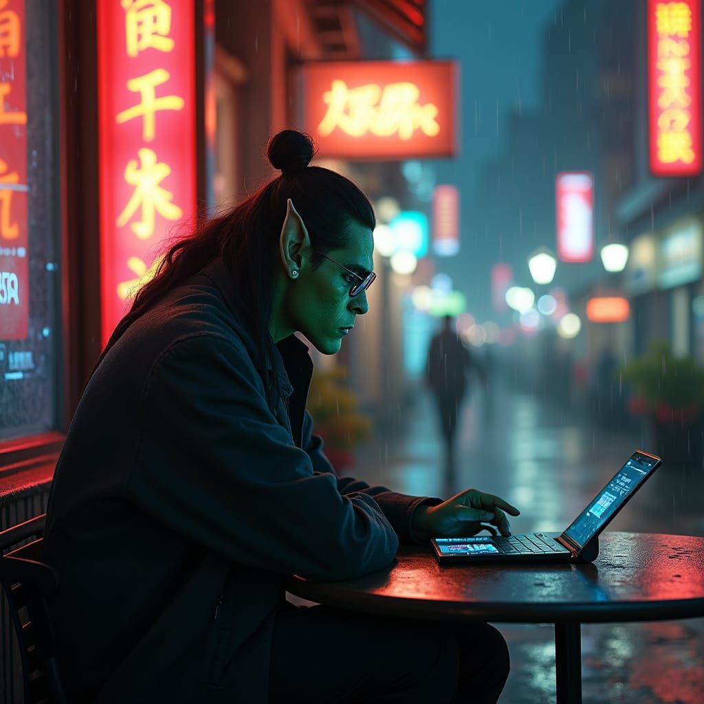 Cyberpunk Scholar Orc in Neon City Alley