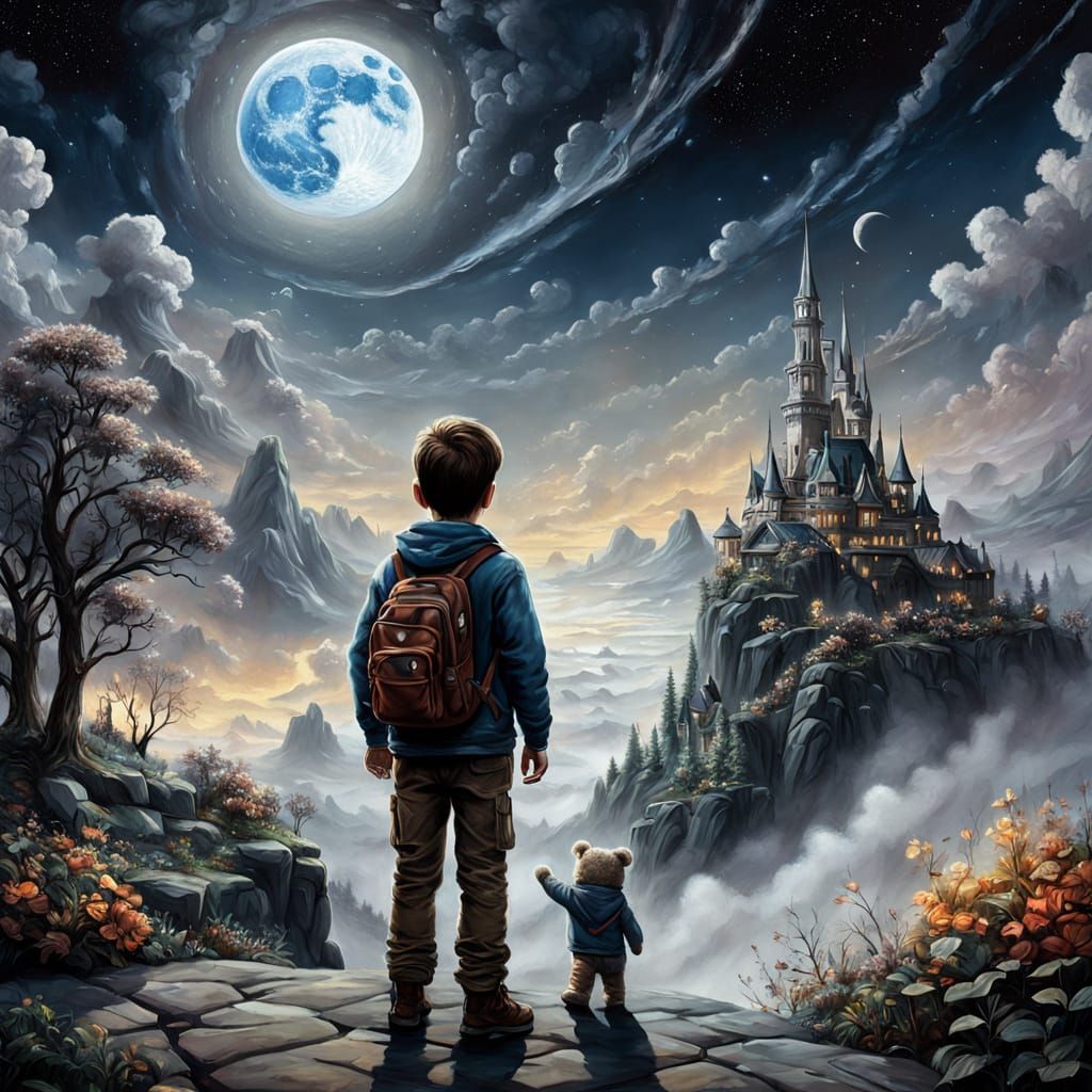 Child Sleeping on the Moon in Gouache Style