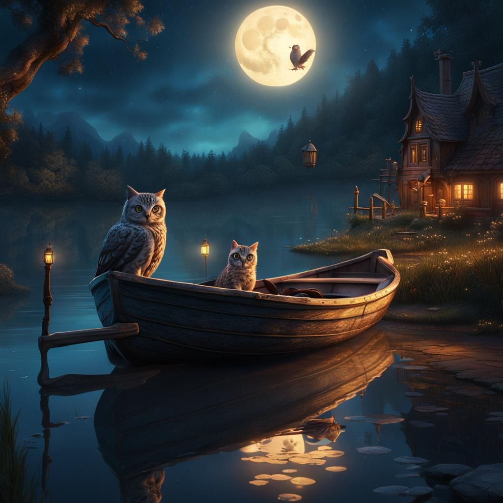 Kitten and Owl on Lake at Night