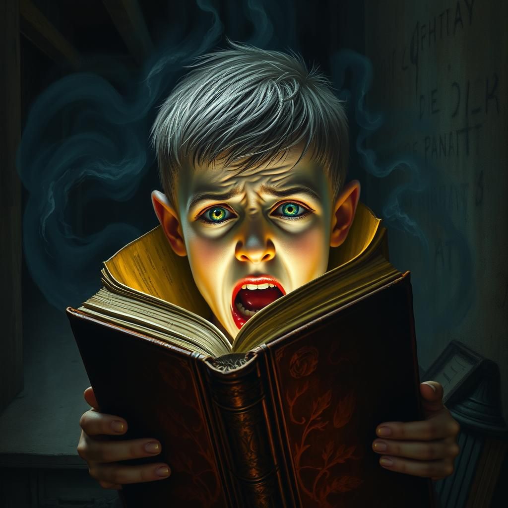 Boy's Face Grotesquely Sucked into Storybook in Expressionis...