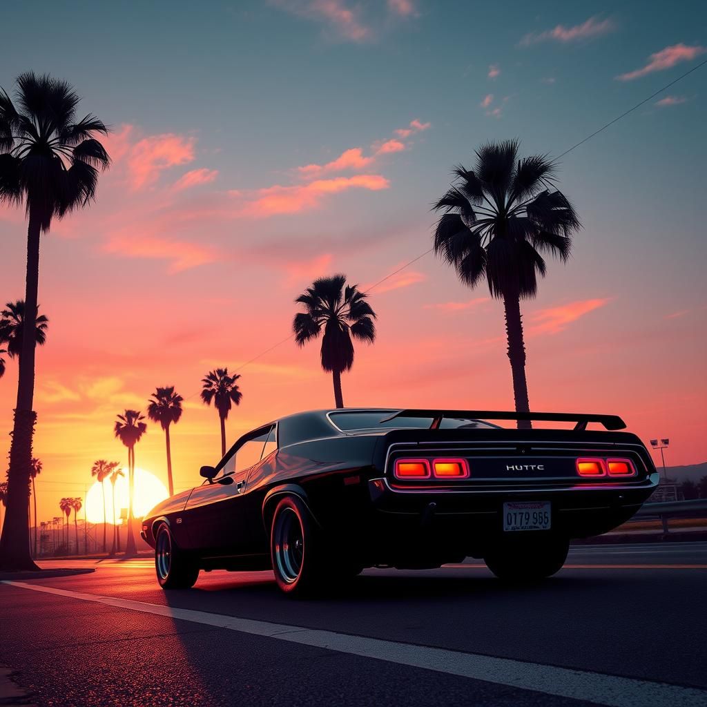 Synthwave Sunset with Muscle Car and Palm Trees