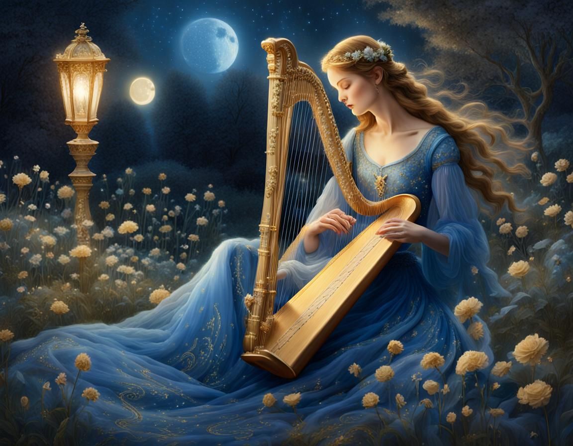 Woman Plays Harp in Moonlit Renaissance Garden