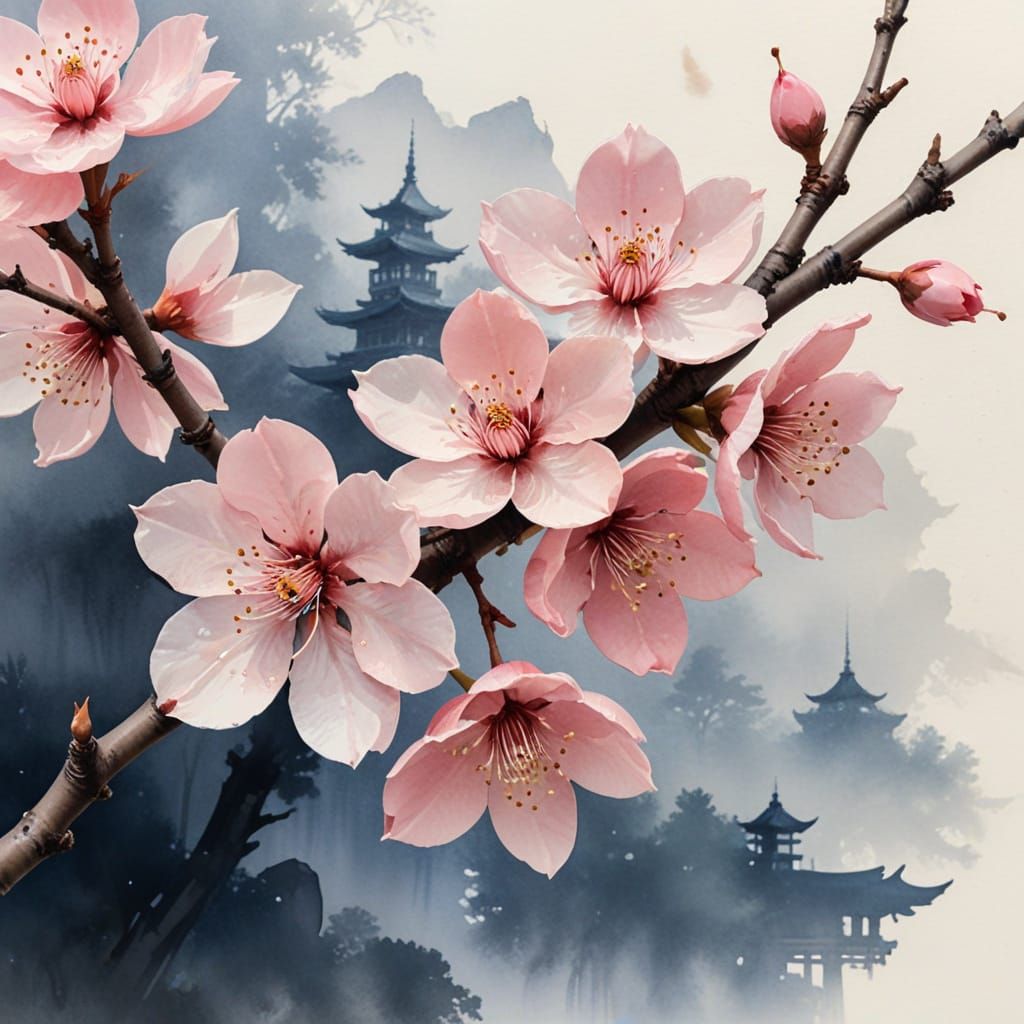 Watercolor Cherry Blossom Scene in Traditional Japanese Styl...
