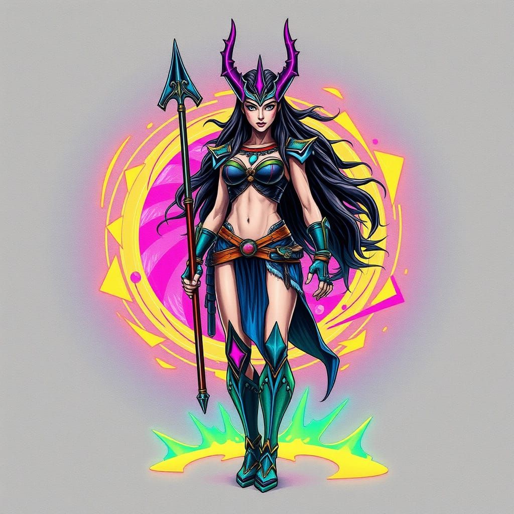 Solarpunk Warrior Princess in Vibrant Geometric Harmony