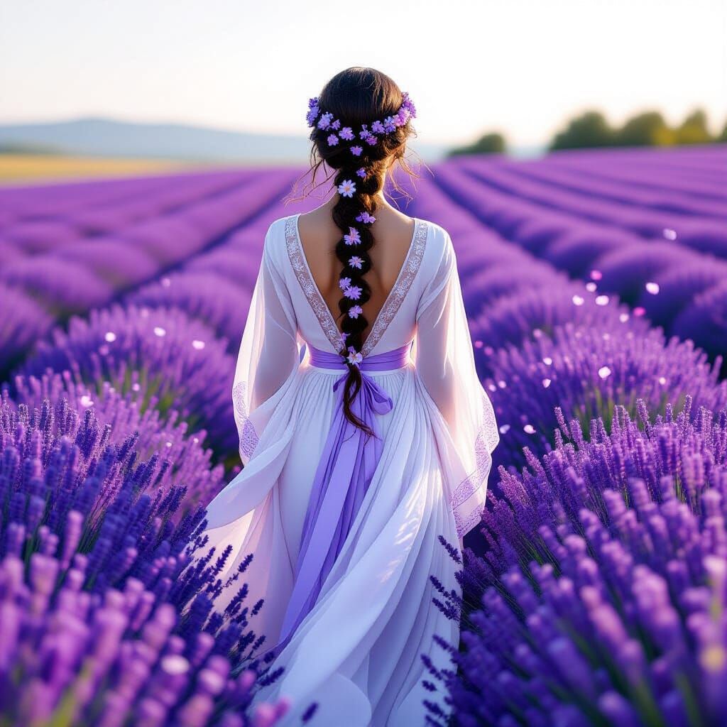 Woman in Lavender Field Art Nouveau Style