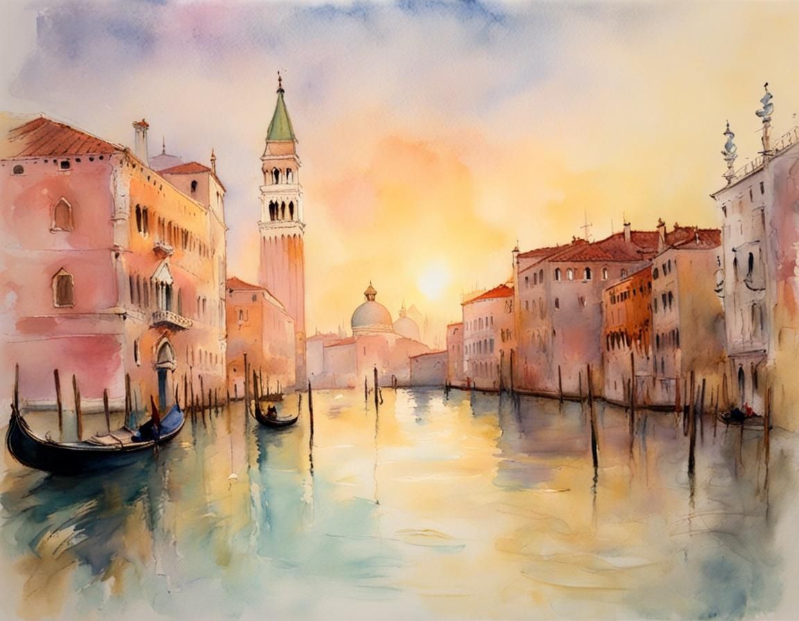 Venice at Golden Hour in Watercolor Style