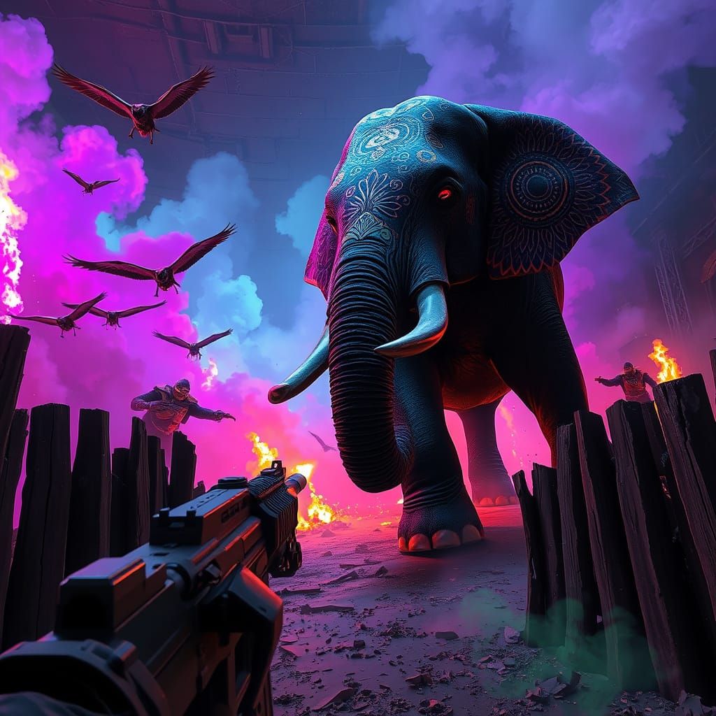 Cyberpunk Soldier in Arena with Psychedelic Elephant