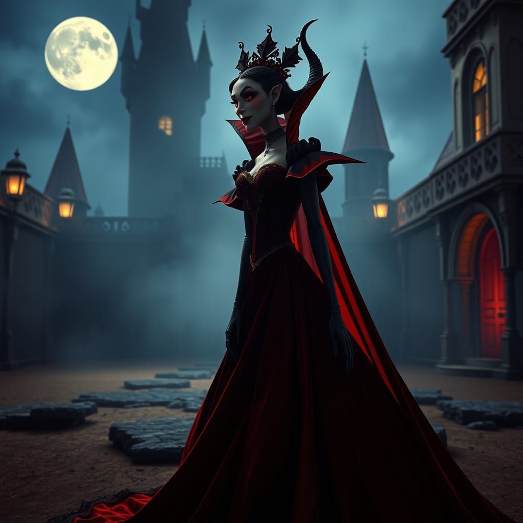 Vampire Queen in Moonlit Castle: Cartoon Style