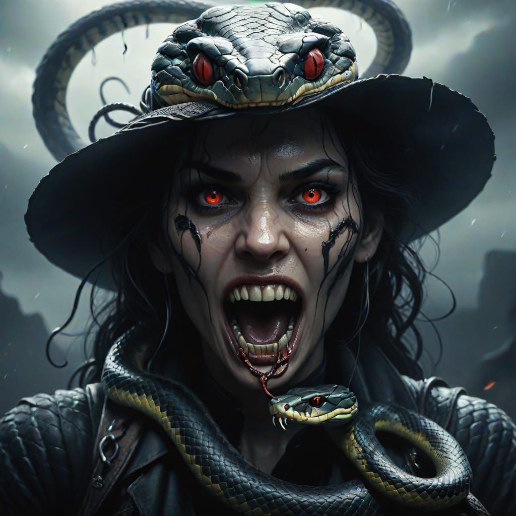 Malevolent Woman With Snakes Lunges Forward in Horror Art