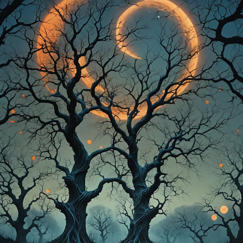 Ethereal Trees Under Abstract Moon: Digital Matte Painting