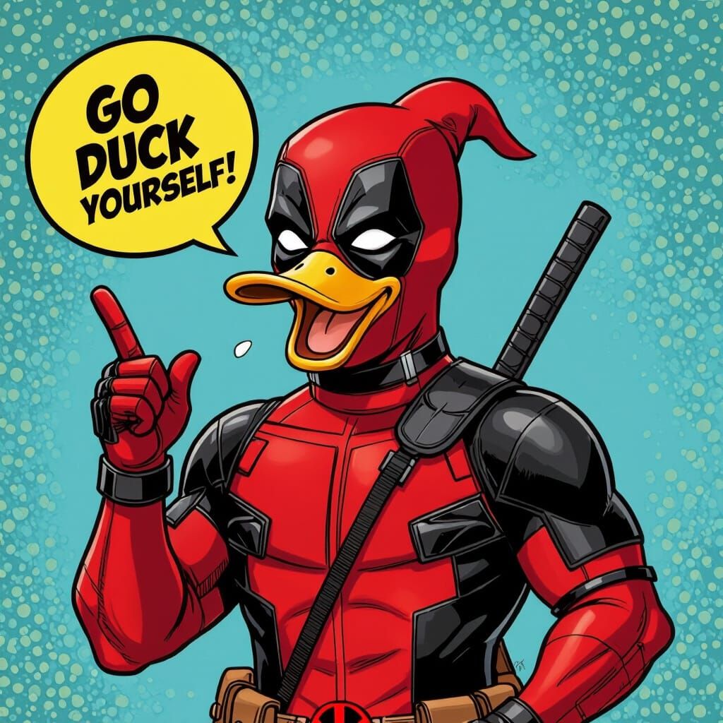 Deadpool as Duck Saying 'Go Duck Yourself' in Cartoon Style