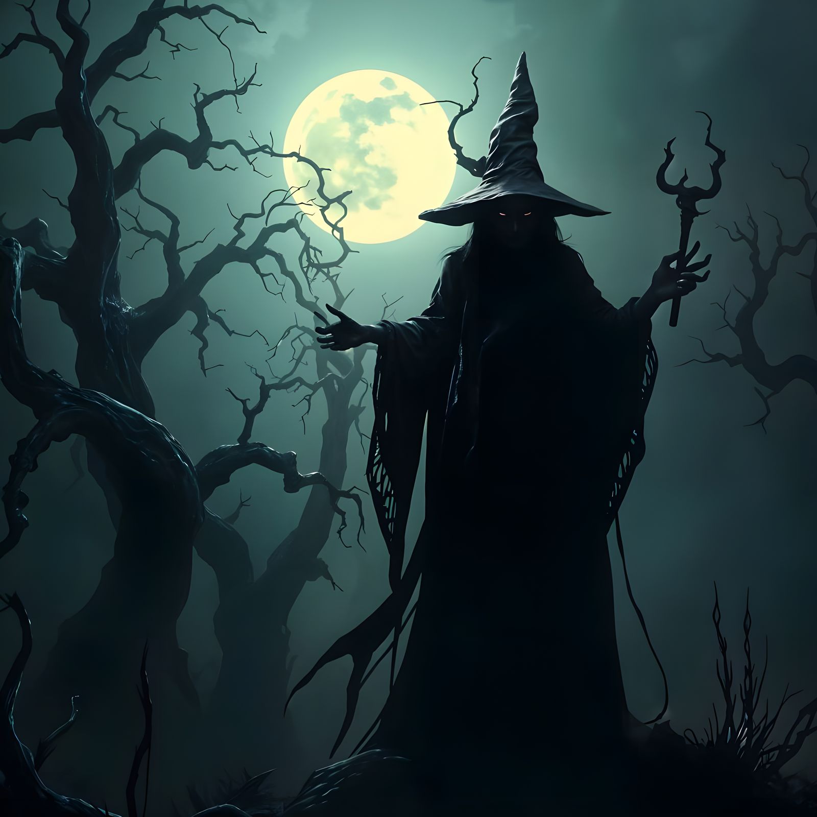 Macabre Dark Fantasy Witch in a Moody Swamp