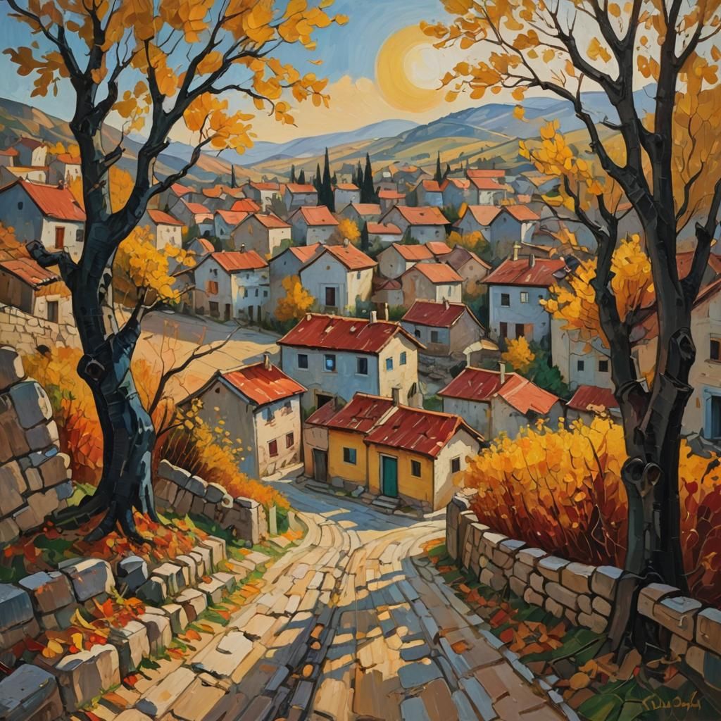 Turkish Village on Autumn Morning in Neo-Expressionist Style