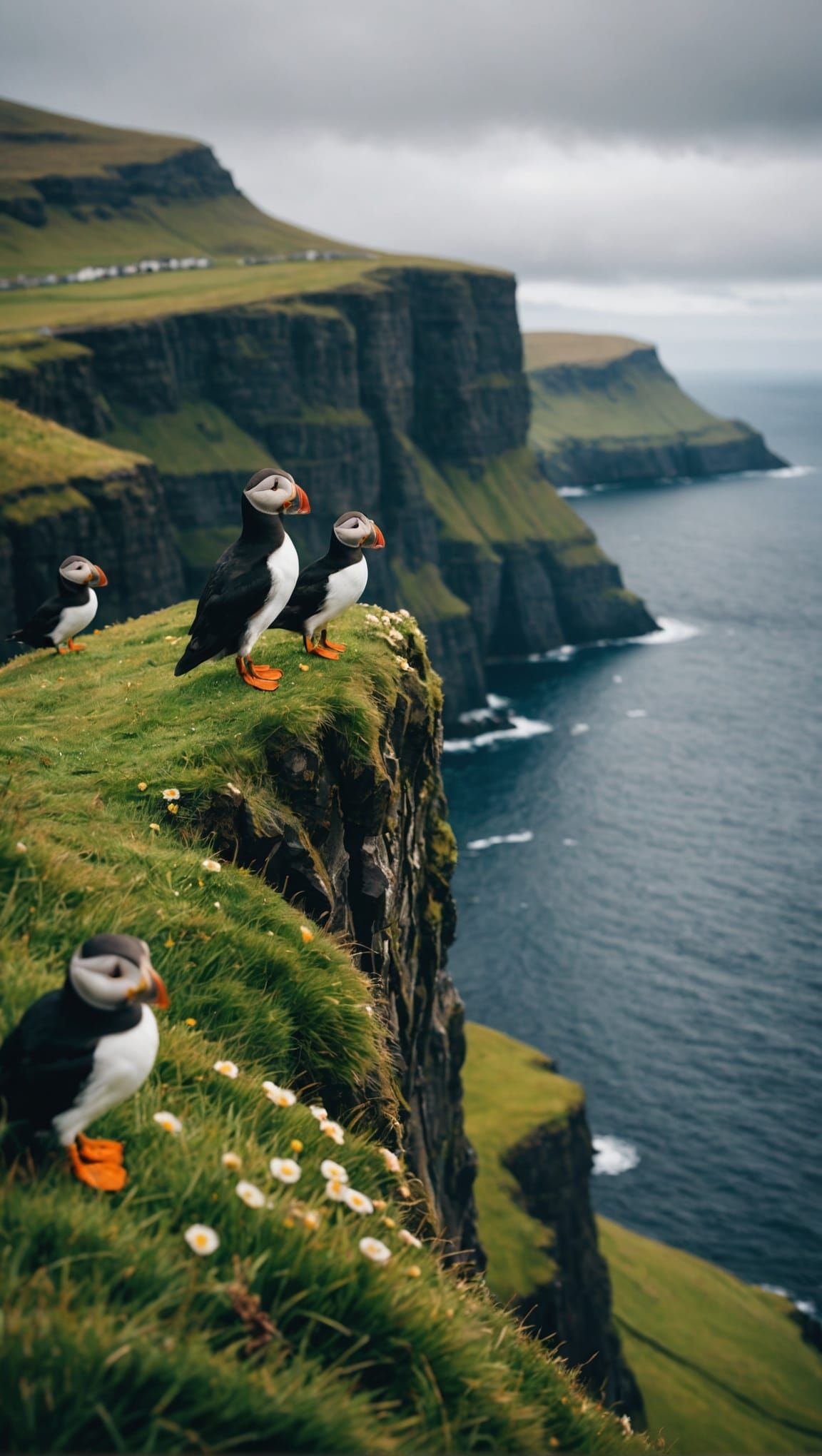 Faroe Islands Mountain Ridge with Puffins Wallpaper