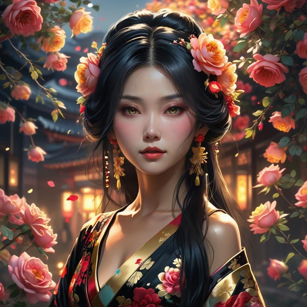 Elegant Japanese Woman in Rose Dress, Hyperdetailed Portrait