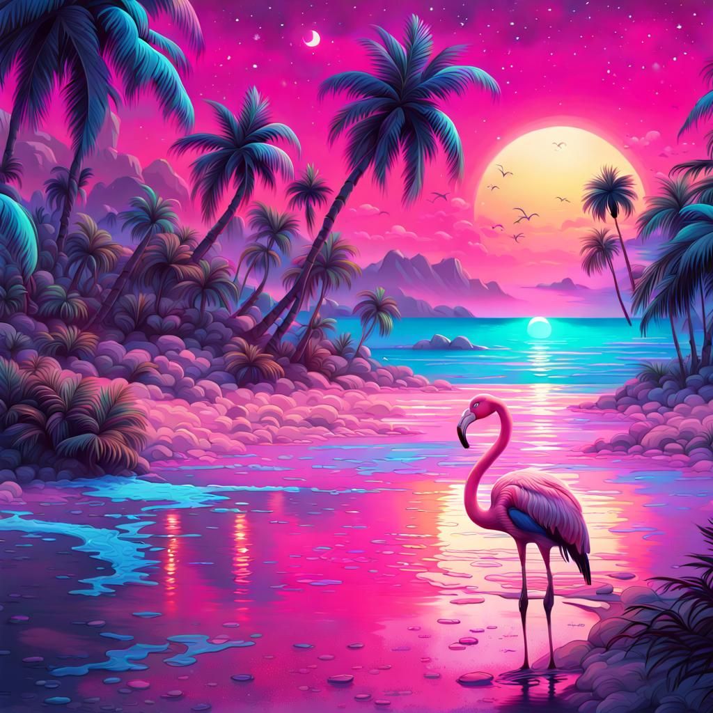 Vaporwave Graffiti Art of Tropical Flamingo Beach