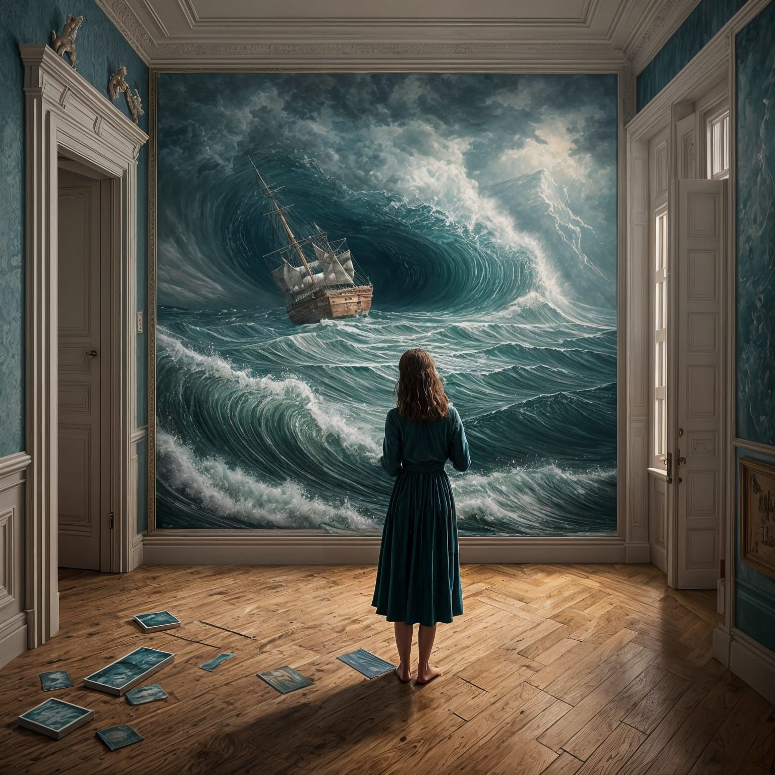 Surreal Woman Paints Ship in Stormy Sea, as Room Fills with ...