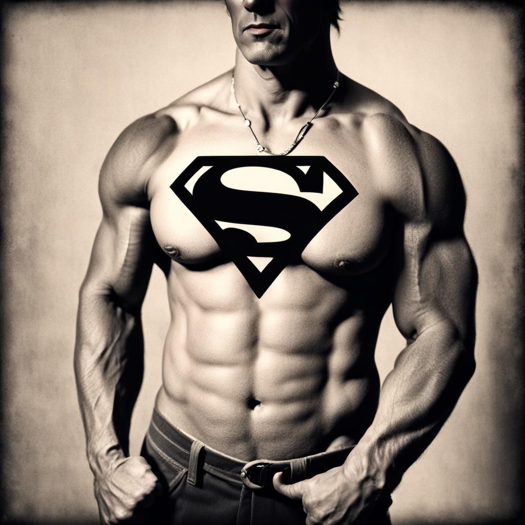 Shirtless Bodybuilder with Superman Tattoo, Documentary Styl...