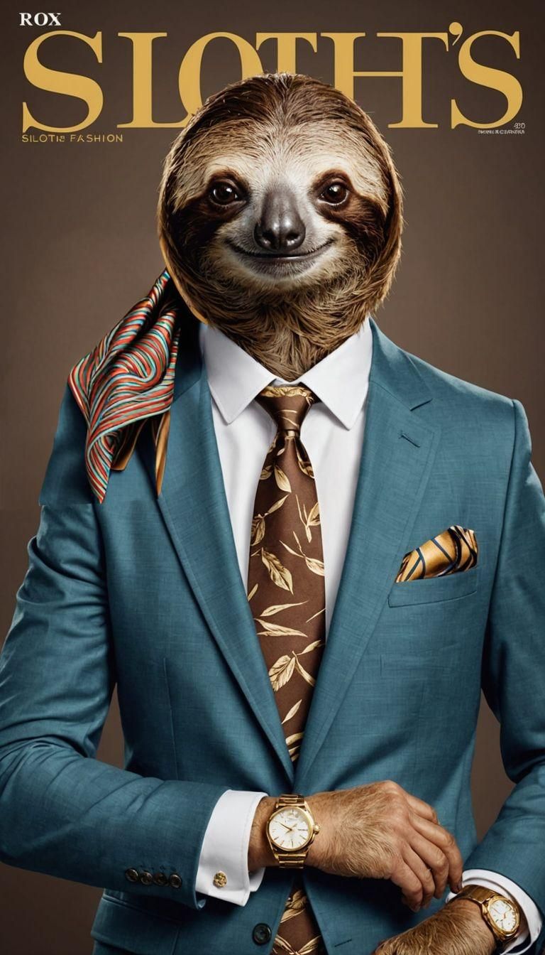 Stylish Sloth Magazine Cover: Hyperrealistic Fashion