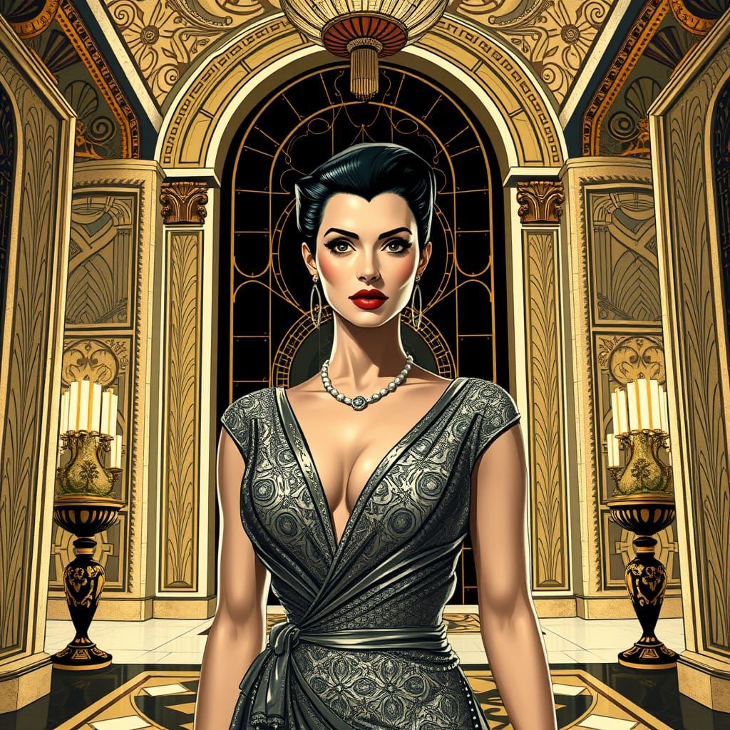 Powerful Woman in Art Deco Hall: Deco Surreal Style