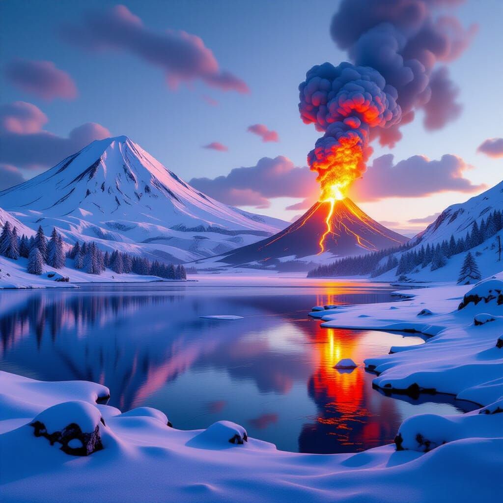 Snowy Mountains Meet Fiery Volcano in Hyperrealism