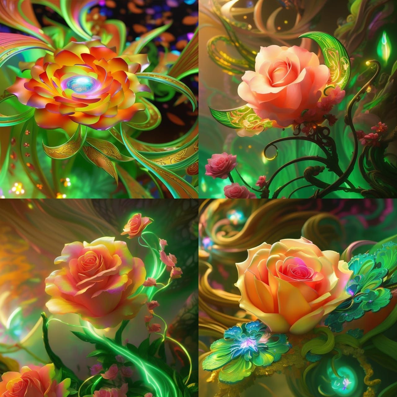 Bioluminescent Crystal Rose in Neon Light Rays