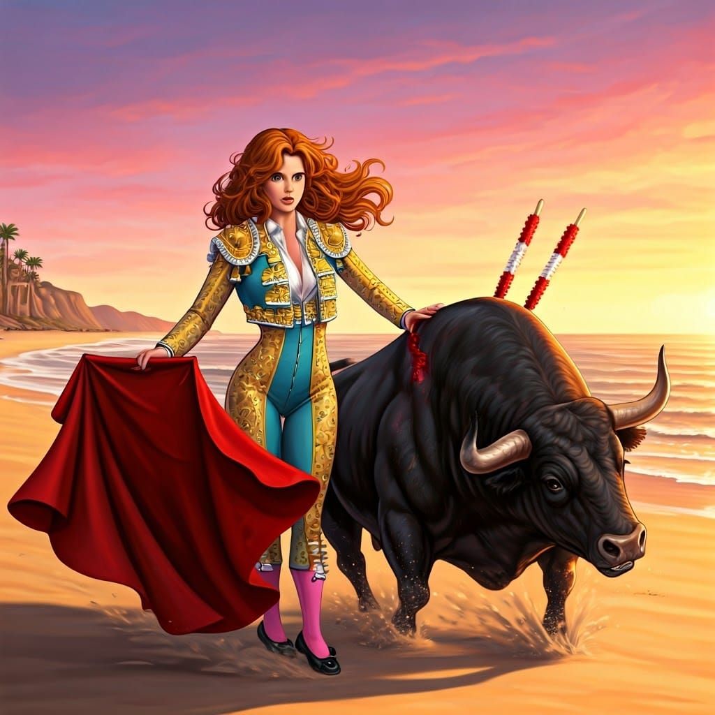Fiery Matador Confronts Bull on Spanish Beach
