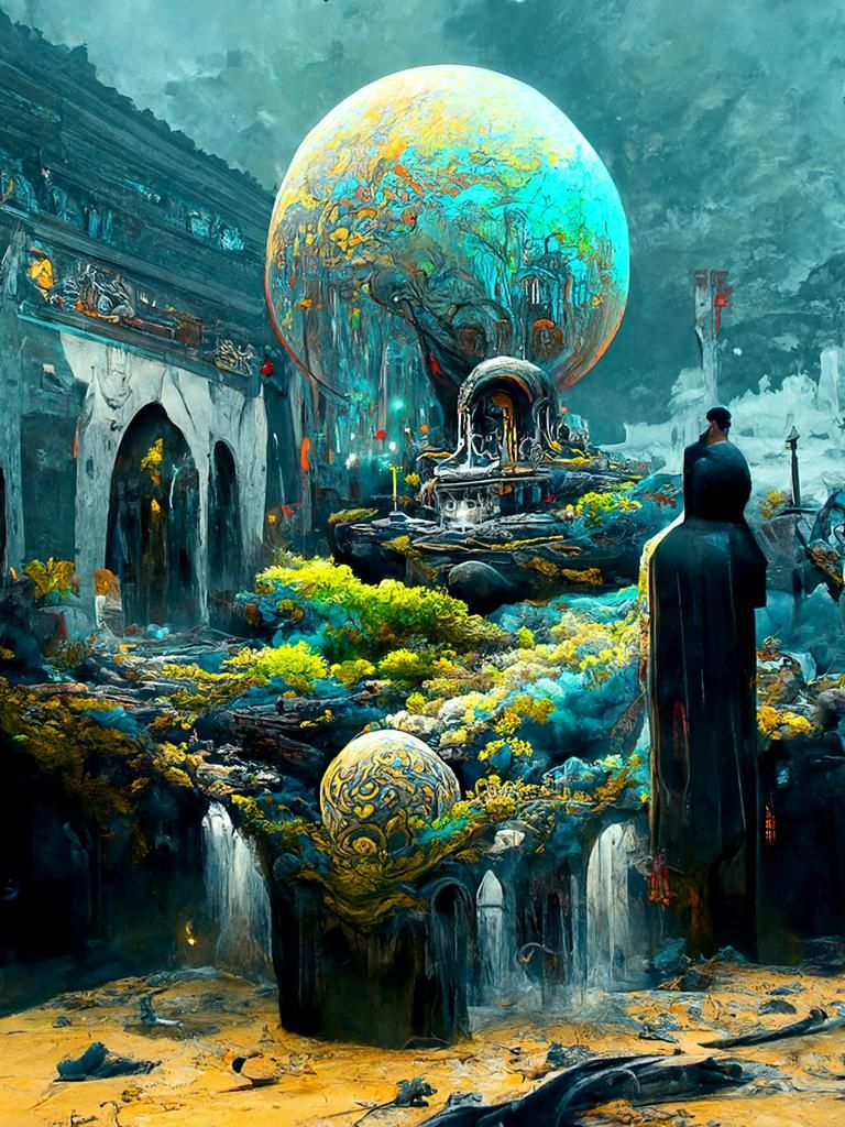 Mystical Fountain in Surreal Landscape: Digital Illustration