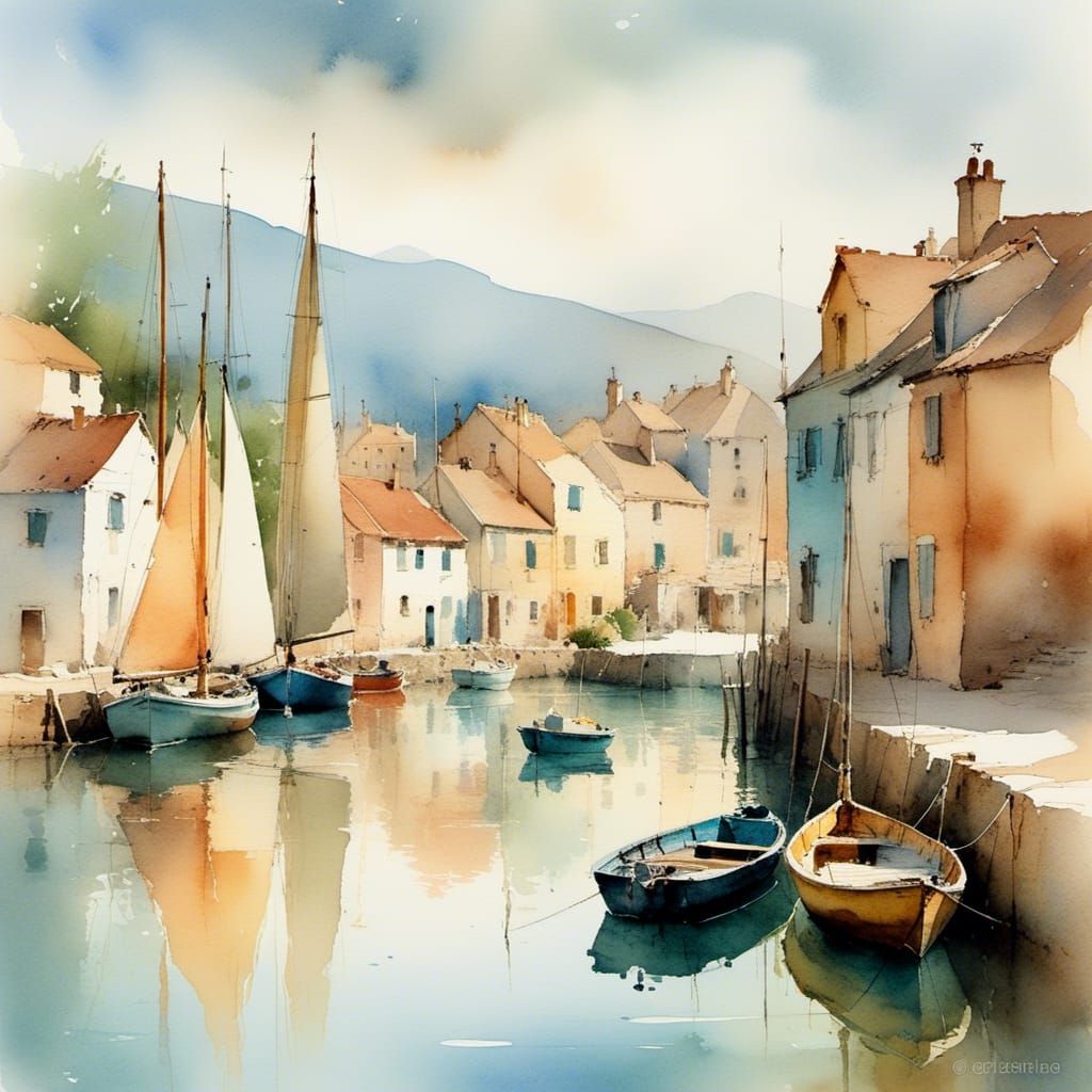 Dreamy Watercolor Fishing Village with Sailboats