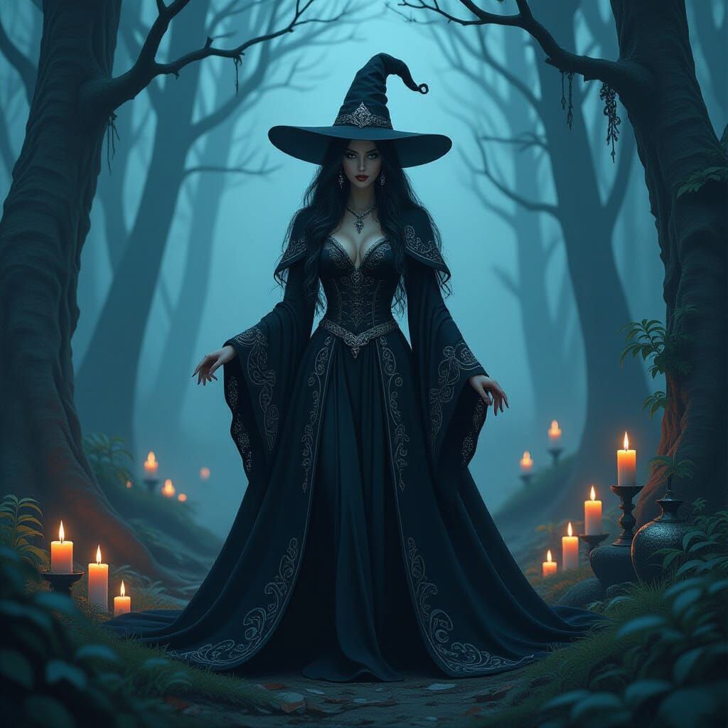 Mystical Witch in Misty Forest, Dark & Whimsical Atmosphere