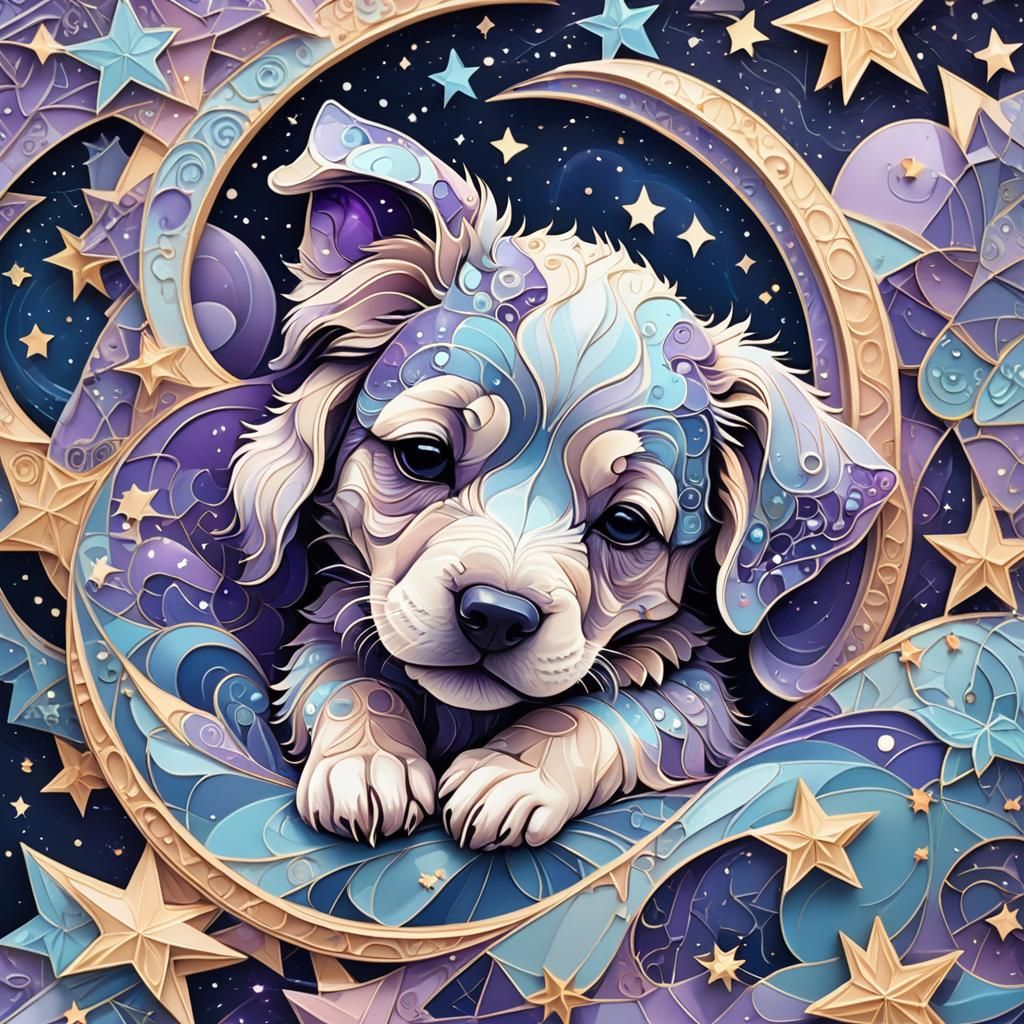 Kawaii Puppy Asleep on Starry Moon in Fractal Art
