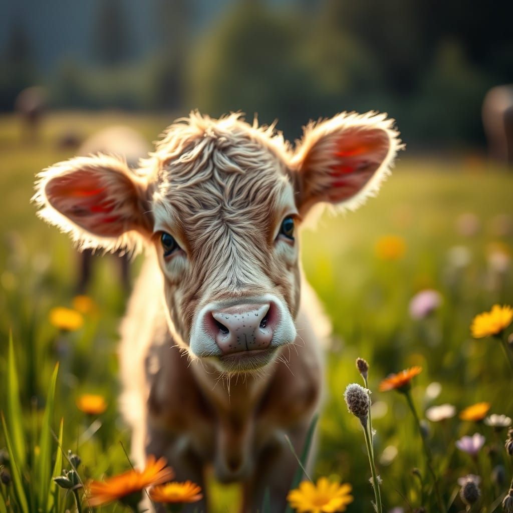 Cuddly Baby Cow in Serene Rural Landscape